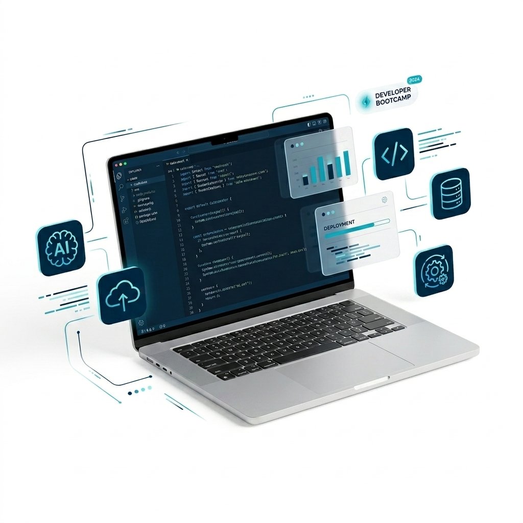 Developer Bootcamp - Laptop with AI and code icons
